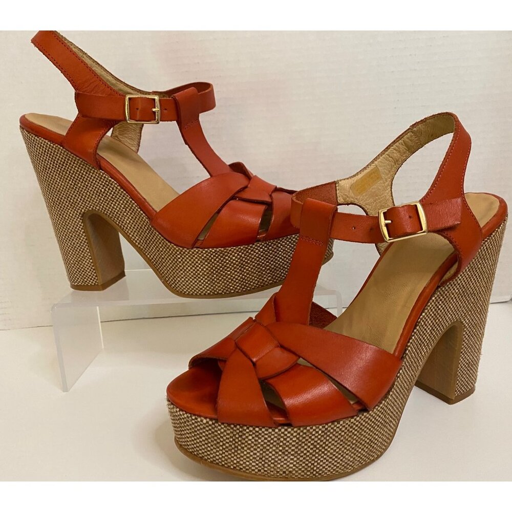 Spanish Leather Stacked Heel Women US 10.5 Sunburst Orange Sandals w/Ankle Strap